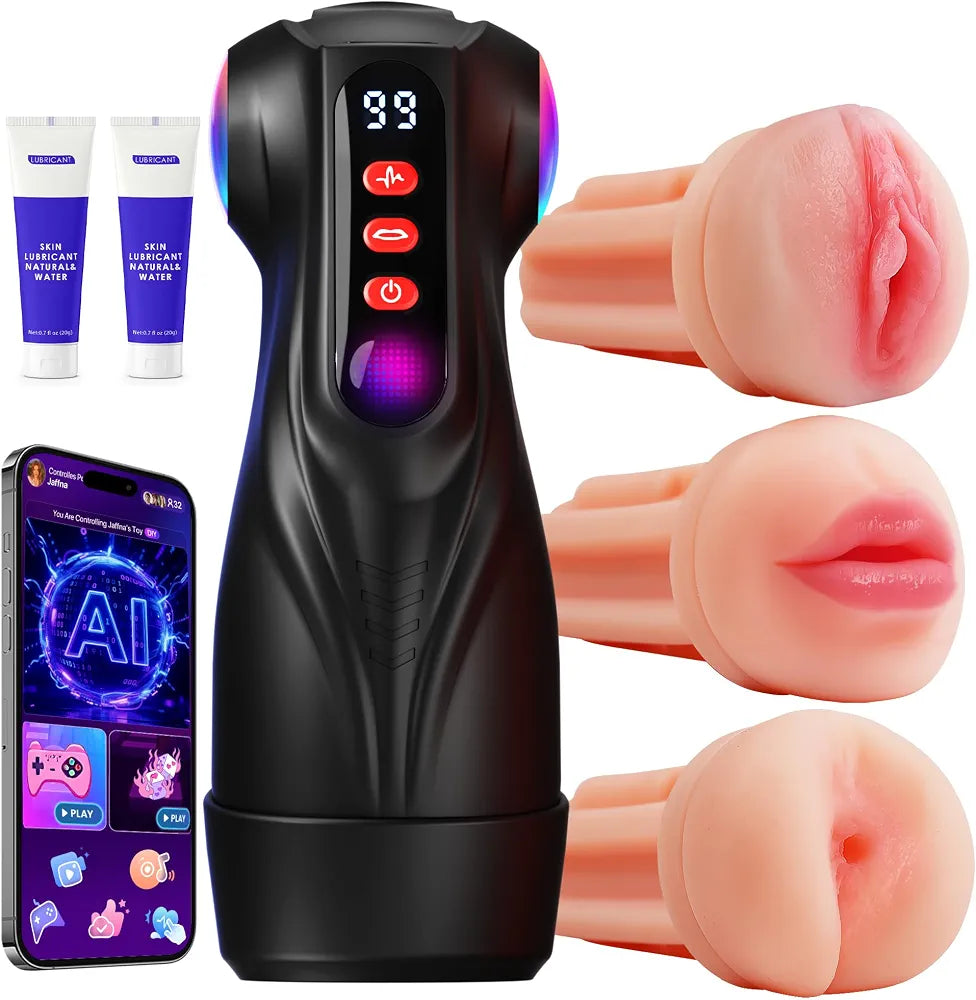 Uoffile Male Masturbator Sex Toys for Men - 3 Sleeves AI Sync Pocket Pussy Penis Pump with 9 Sucking & 9 Vibrating, APP Adult Toys Mens Sex Toy, Colorful Lighting Stroker Machine Erotic Massage Kits
