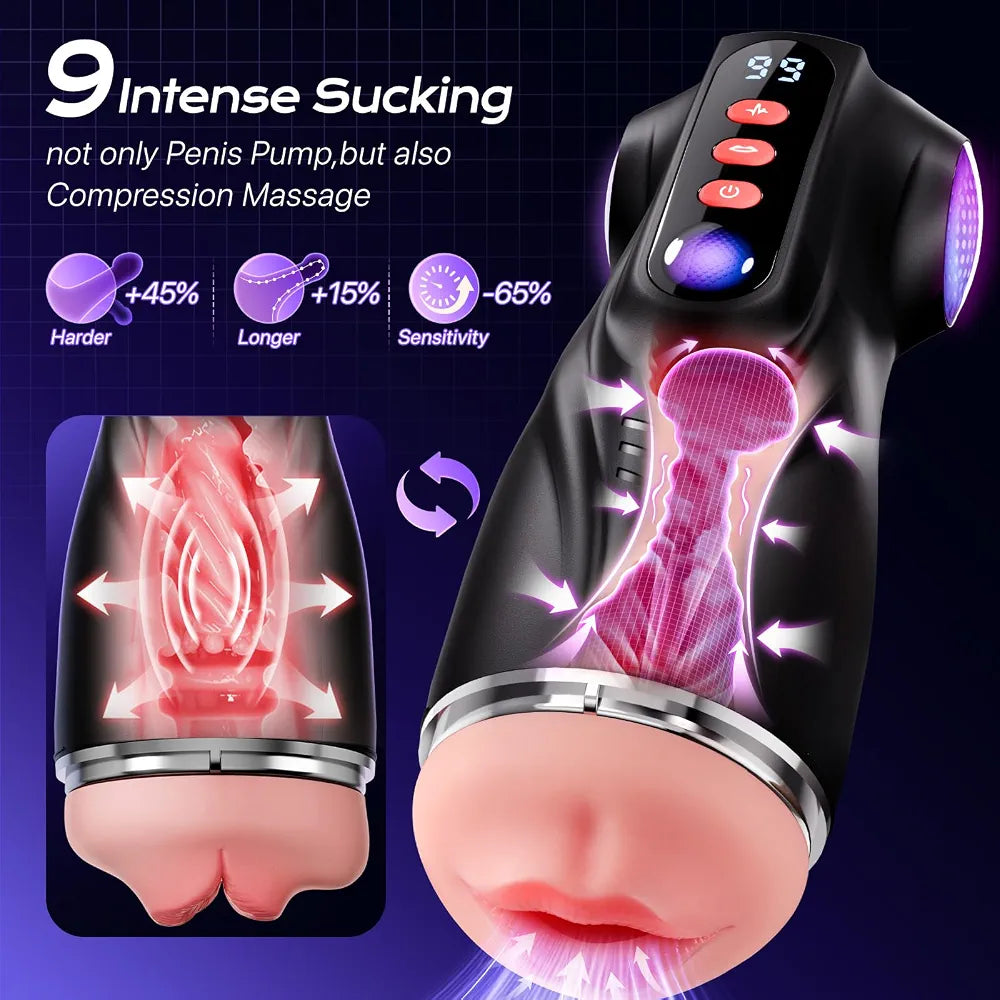 Uoffile Male Masturbator Sex Toys for Men - 3 Sleeves AI Sync Pocket Pussy Penis Pump with 9 Sucking & 9 Vibrating, APP Adult Toys Mens Sex Toy, Colorful Lighting Stroker Machine Erotic Massage Kits
