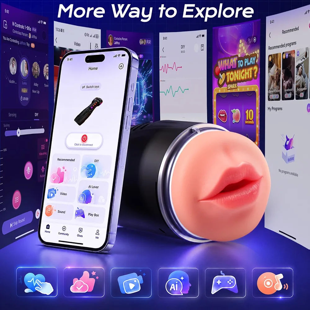 Uoffile Male Masturbator Sex Toys for Men - 3 Sleeves AI Sync Pocket Pussy Penis Pump with 9 Sucking & 9 Vibrating, APP Adult Toys Mens Sex Toy, Colorful Lighting Stroker Machine Erotic Massage Kits