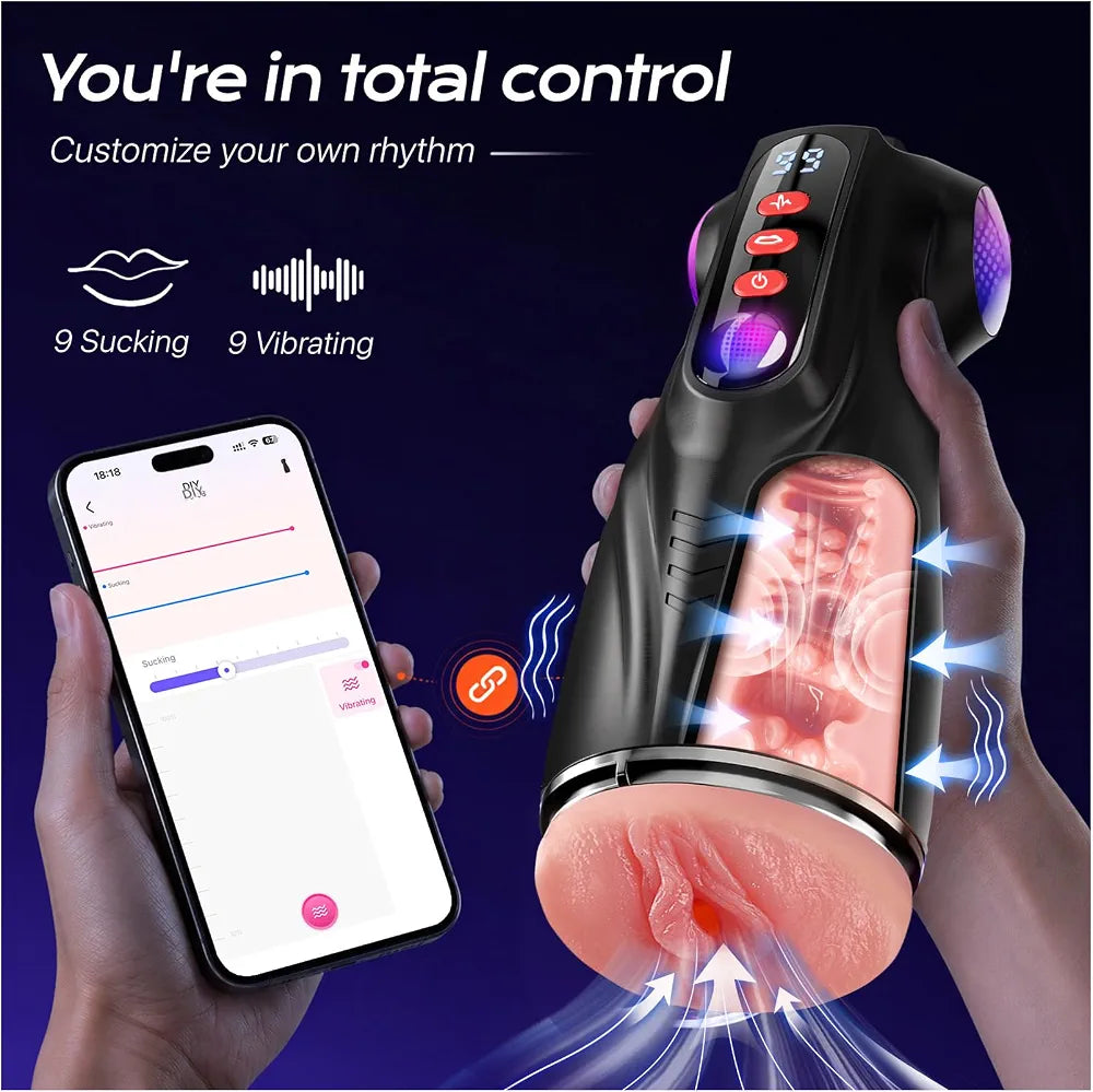 Uoffile Male Masturbator Sex Toys for Men - 3 Sleeves AI Sync Pocket Pussy Penis Pump with 9 Sucking & 9 Vibrating, APP Adult Toys Mens Sex Toy, Colorful Lighting Stroker Machine Erotic Massage Kits