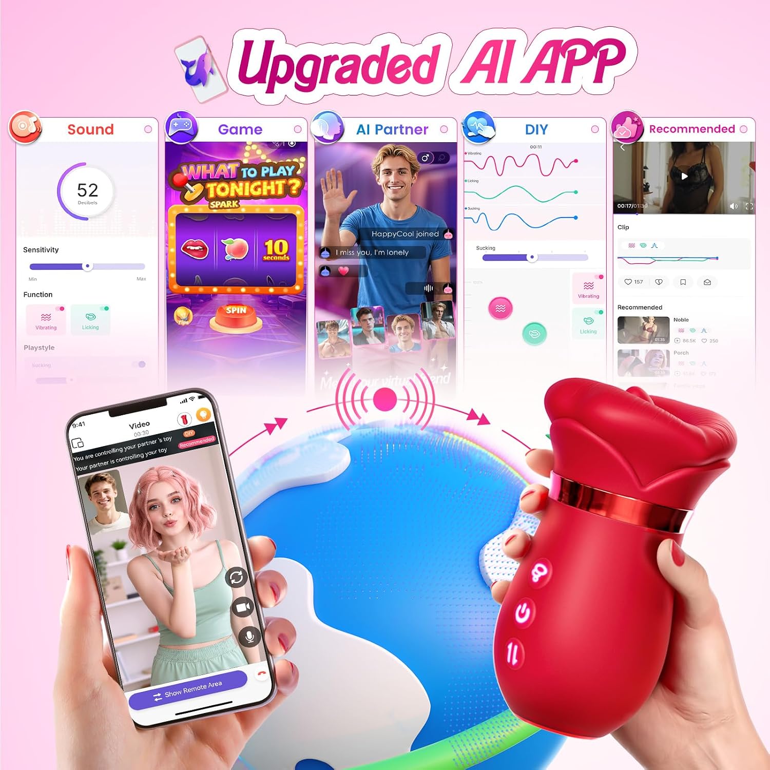 Vibrator Adult Sex Toys for Women - Sovokn 5IN1 Mouth Sucking Vibrator Rose Sex Toy, 10 Tongue Licking, 3 Auto & 1 Manual Sucking Adult Toys New APP, Anal Clit Nipple Vibrators Female Couples Sex Toys